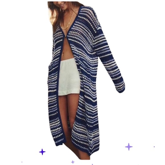 FREE PEOPLE COLETTE CROCHET STRIPED MAXI CARDIGAN BLUE WHITE MEDIUM AND LARGE - Picture 2 of 9